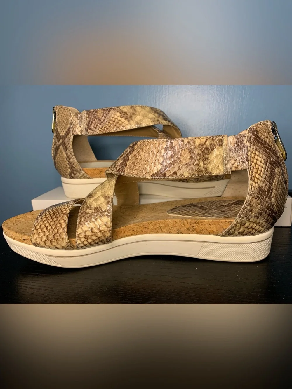Adrienne Vittadini Snake-Print Cork Wedge Sandals - Brown/Tan